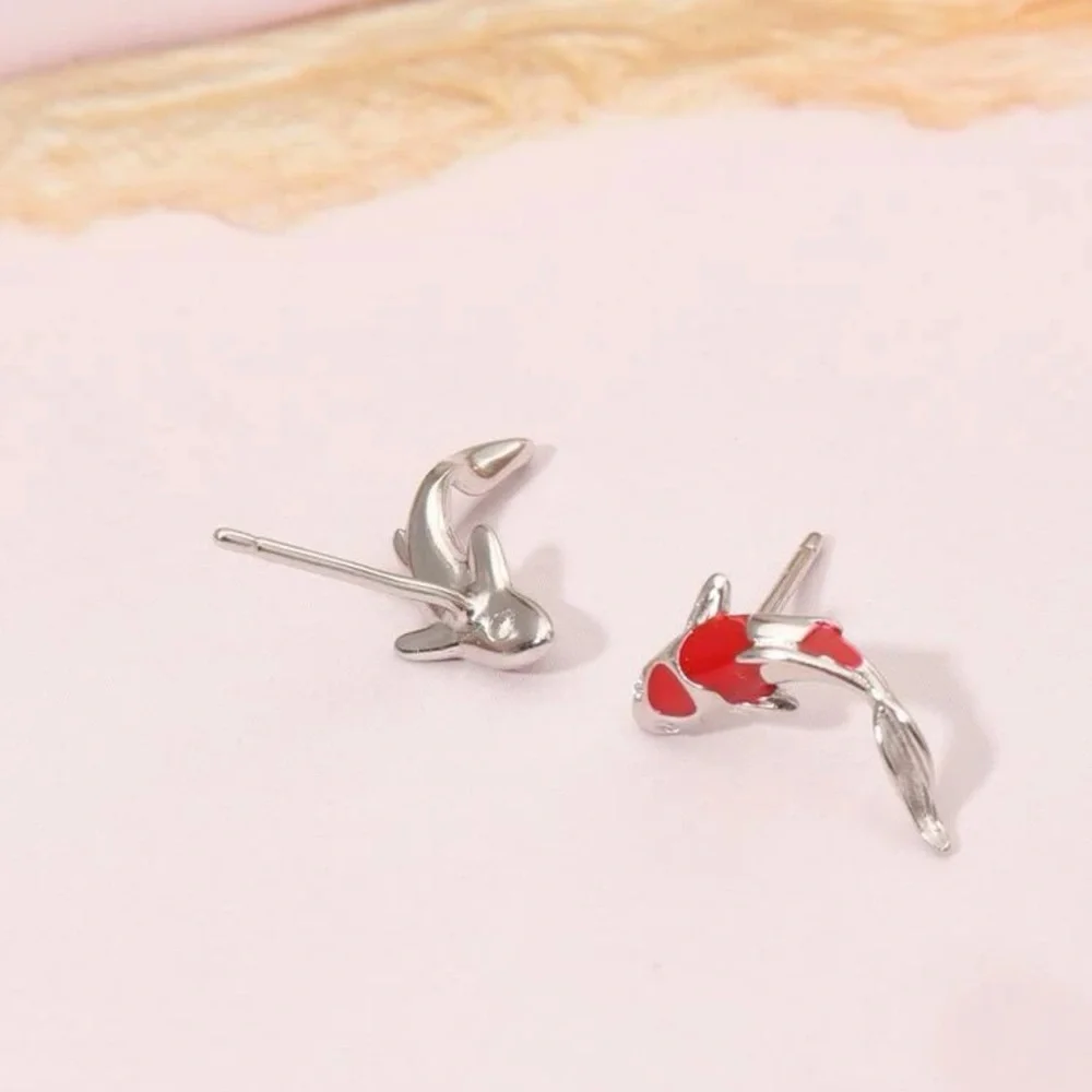 🐟 Lovely Silver and Red Koi Fish Stud Earrings 🐟